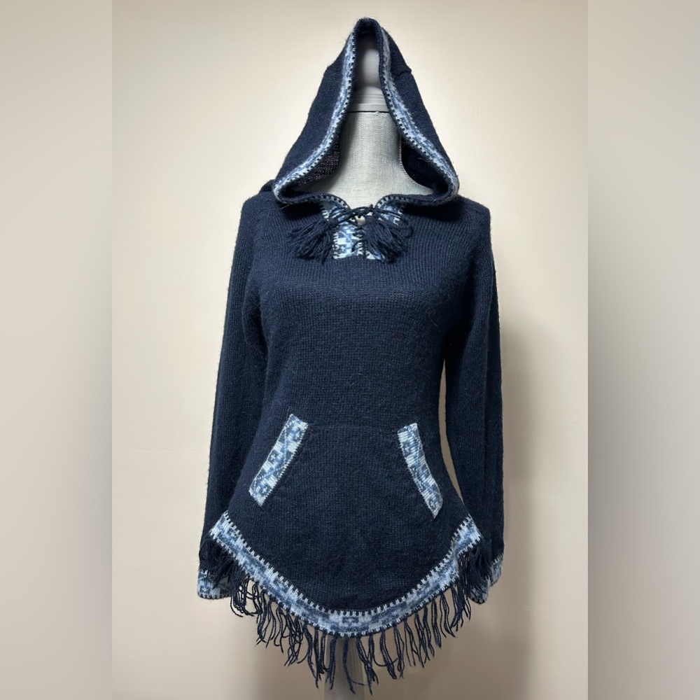 Alpaca Warehouse Size S Alpaca Hooded Sweater Navy Blue Peru Aztec Ethnic Fringe